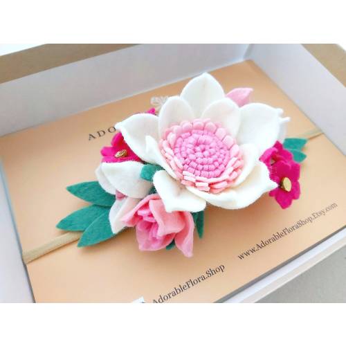 Magnolia felt flower crown, felt flower headband, white flower crown, first birthday crown, Newborn Baby little girl flower crown headband