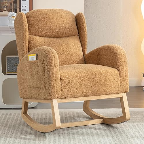 Nursery Glider Chair - Wingback Teddy Upholstered Rocking Chair with High Backrest, Ergonomic Rocker Chair for Breastfeeding & Baby Room, Modern Accent Armchair for Living Room & Bedroom, Khaki