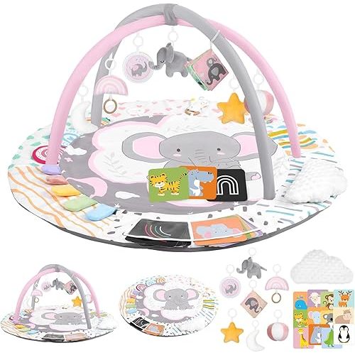 Baby Play Gym & Activity Mat, Tummy Time Mat with Cloud Toy, 7 Detachable Sensory Toys and Educational Cards for Motor Skills & Sensory Development, Baby Essentials Shower Gift, Pink Elephant