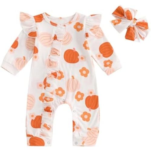 My First Halloween Baby Girl Outfit Newborn Pumpkin Long Sleeve Jumpsuit Romper One Piece Outfit with Headband