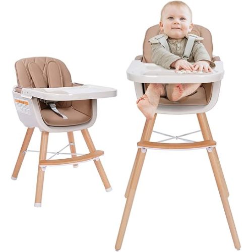 3-in-1 Convertible Wooden High Chair, High Chairs for Babies and Toddlers, Baby High Chair with Adjustable Legs & Dishwasher Safe Tray, Made of Sleek Hardwood & Premium Leatherette, Brown Color