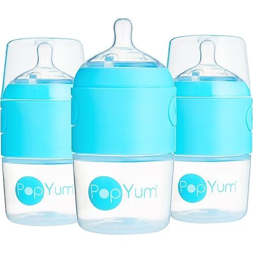 PopYum 5 oz Blue Anti-Colic Formula Making/Mixing/Dispenser Baby Bottles, 3-Pack with #1 Slow Flow Nipples, 150 ml, BPA-Free, Natural Latch