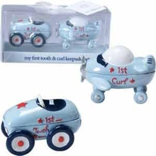 First Tooth and Curl Keepsake Set-2¼ x 3 INCH - BOY/Race Car/Airplane/Baby Shower/New Baby/New Grandchild