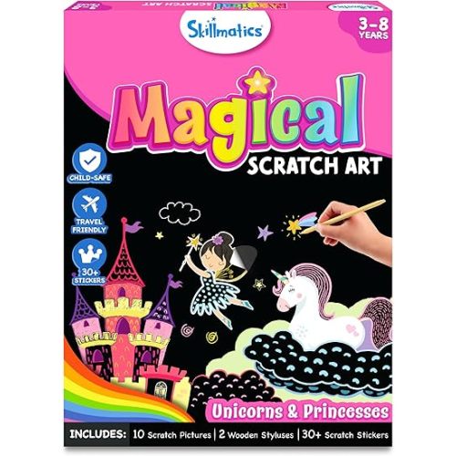 Skillmatics Scratch Art Book for Kids - Unicorns & Princesses, DIY Craft Kits, Christmas Stocking Stuffers, 30+ Scratch Stickers, Travel Toys, Gifts for Girls & Boys Ages 3, 4, 5, 6, 7, 8