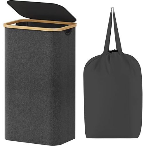 Lifewit 100L Laundry Basket with Lid, Clothes Hampers for Laundry with Bamboo Handles and A Removable Laundry Bag, Large Foldable Laundry Hamper for Bedroom, Bathroom, Dorm, Laundry Room, Dark Gray