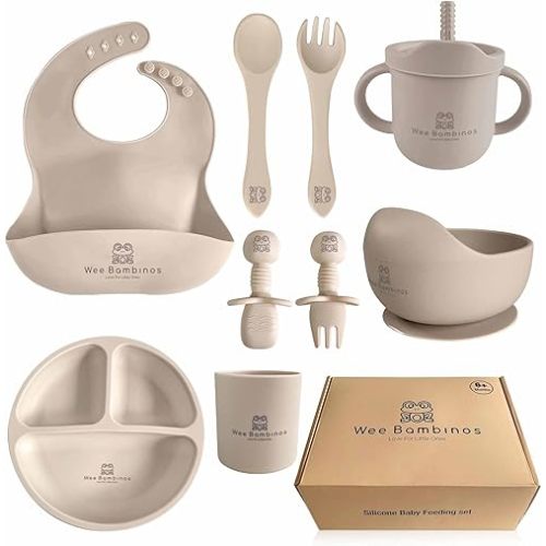 Silicone baby feeding set, 10 pcs baby silicone feeding set, baby plates and bowls set, baby led weaning set, baby plates and utensils set, baby eating set, platos para bebes, Beige.