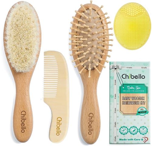 Chibello 4 Piece Wooden Baby Hair Brush and Comb Set Natural Goat Bristles Brush for Cradle Cap Treatment Wood Bristle Brush for Newborns and Toddlers Perfect for Baby Shower and Registry