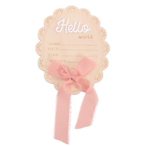 Wooden Hello World Baby Announcement Board - Newborn Birth Sign for Hospital Nursery, Milestone Photo Props & Baby Shower Decor (Pink Ribbon Bow)