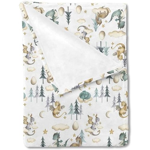 HawSkgFub Cute Dragon Fairy Tale Baby Blanket Boy Shower Gift, Cloud Moon Star Egg Pine Tree Flannel Fleece Nursery Bed Receiving Swaddle, Soft Lightweight Newborn Infant Toddler Crib Bedding 30 x 40