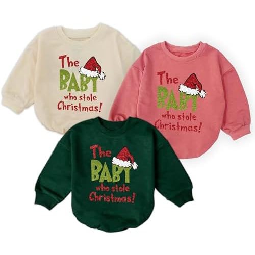 3Pcs The Baby Who Stole Christmas Romper Shirts, Newborn Baby Girl Christmas Outfit