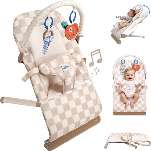 Tiny Marvels Baby Bouncer Seat 0–12 Months, Ergonomic Portable Design with 3-Point Harness, Soothing Music & Removable Toy Bar, Foldable Baby Seat for Newborns & Toddlers Under 20 lbs