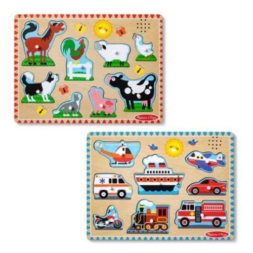 Melissa & Doug Wooden Light-Activated Sound Puzzle 2pc for Toddler and Preschool Boys' and Girls' - Farm Animals, Vehicles - 16pc