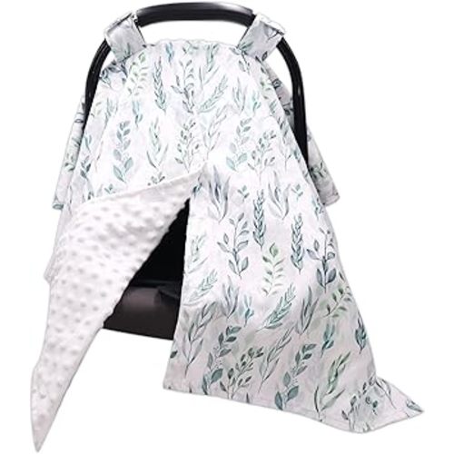 Car Seat Covers for Babies, Peekaboo Opening Infant Car Seat Canopy for Baby Boys Girls, 2 in 1 Mom Nursing Breastfeeding Covers, Minky Warm Carseat Canopy for Newborn, Green Leaf