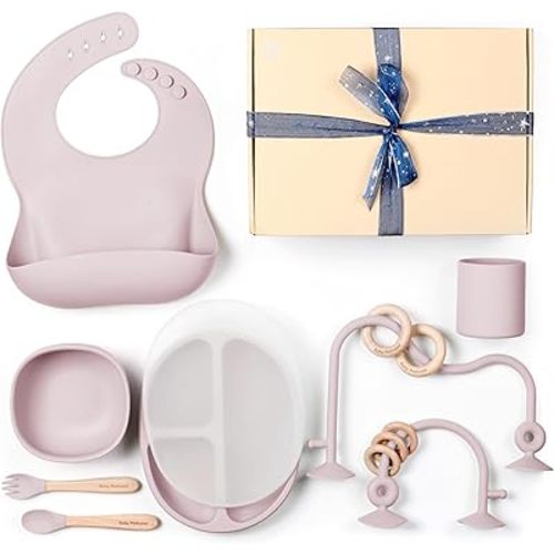 Set of Silicone Feeding Set 6 in 1 and Educational Montessori Toys, for Baby and Infant Toddlers (Rose Pink)