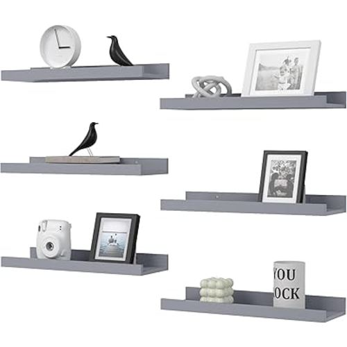 Floating Shelves Set of 6, Grey Wall Shelves with Lip, Display Shelves for Wall Decor, Modern Picture Ledge for Living Room, Bedroom, Nursery, Bathroom, Pictures, Books, Plants- Grey