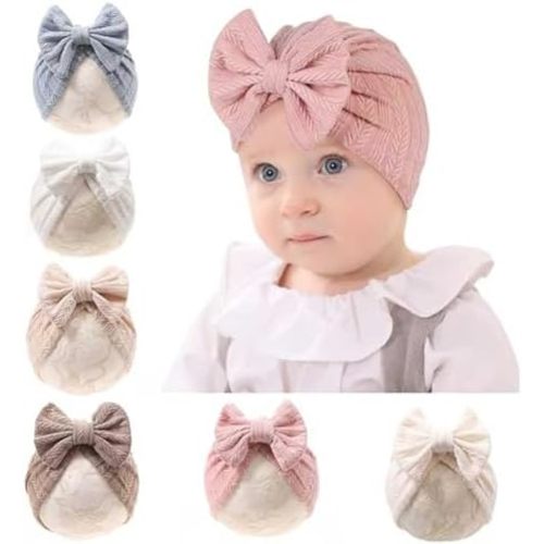 Baby Girls Hair Bow Turban Hat 6PCS Set, Top Bowknot Head Wrap Beanie India Caps for Infant Toddlers