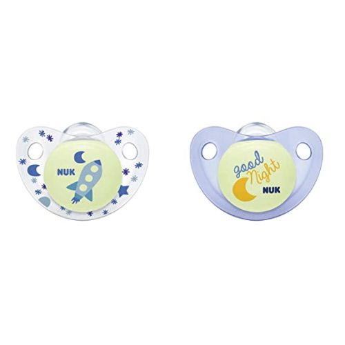 NUK Cute-as-a-Button Glow-in-The-Dark Orthodontic Pacifiers, Boy, 0-6 Months, 2-Pack - 0-6 Month (Pack of 2)