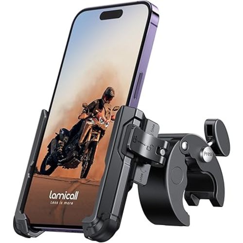 Lamicall Motorcycle Phone Mount Holder - [Camera Friendly] [1s Lock] Bike Phone Holder Handlebar Clamp, Bicycle Scooter Phone Clip, for iPhone 16 Pro Max, 15 14 13, Galaxy S25 Ultra, 4.7-7" Phones