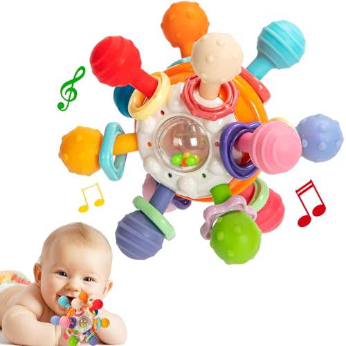 Baby Teething Toys, Baby Teethers Montessori Sensory Toys for 0-6 6-12 Months, Gifts for 1 Year Old Boys Girls Infant Newborn 0 3 6 9 12 18 Months Toys- Orange