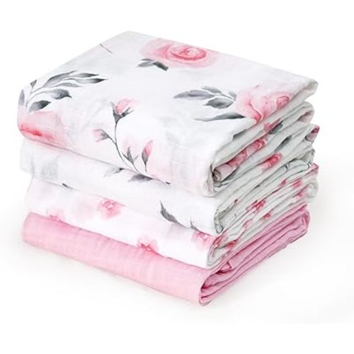 david's kids 4 Pack Baby Muslin Swaddle Blankets, 100% Cotton and Ultra Soft Breathable Receiving Blanket Wrap for Boys Girls, New Born Essentials, Pink Floral