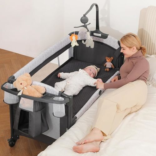 ELEMARA 4 in 1 Wide Baby Bassinet Bedside with Diaper Changer,Long Next to Bed Crib with Mattress,Sheet,Music and Blackout Cover,Playpen Travel Bed with Storage,XL Co Sleeper with 3 Adjustable Height