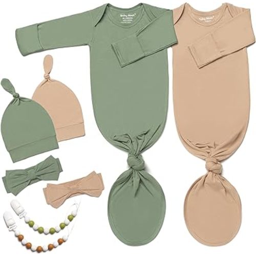 Noah Baby 2-Pack Luxurious Newborn Knotted Gown Set - Ultra-Soft Long Sleeve Gown for Baby with Hat, Headband & Pacifier Clip - Grey Green+camel - 0-3 Months