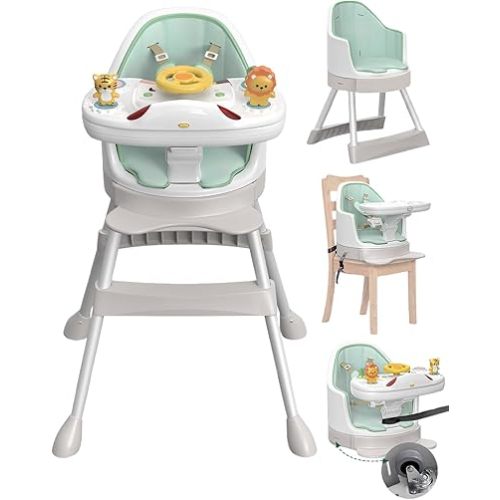 Baby High Chair, 8-in-1 Convertible High Chair, Booster Seat for Dining Table with Removable Tray and Buckle Strap, Music & Lights for Sensory Exploration, Baby Floor Seat with Wheel, 6-36 MOS (Green)