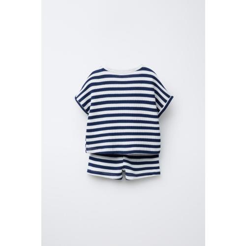 STRIPED WAFFLE KNIT T-SHIRT AND SHORTS SET - Navy blue | ZARA United States