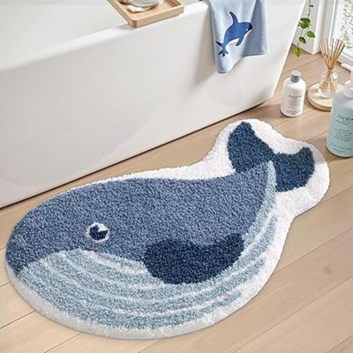 LUMI Cute Animal Bathroom Rugs, Plush Absorbent Bath Mats for Bathroom, Non-Slip Backing Washable Bath Mat, Ideal for Shower Sink Bathtub Room Decor, 20"x35", Deep Whale