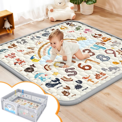 WonderStone Baby Play Mat for Floor, 50" x 50" Thick Foldable Play Mat, Washable & Non-Slip Play Mat for Babies and Toddlers 0-6 Months, Baby Tummy Time Activity Center