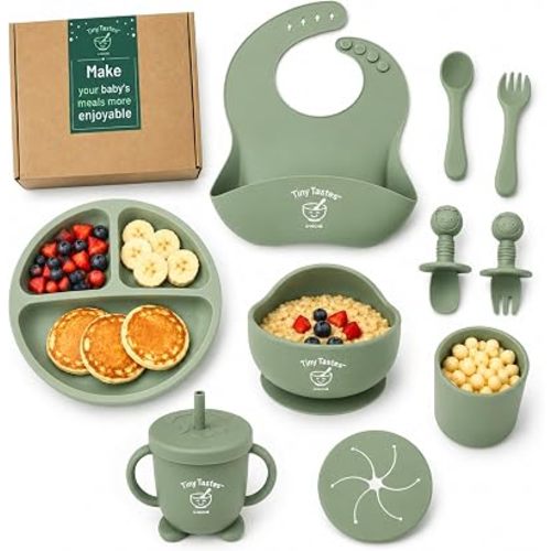 10-Piece Silicone Baby Feeding Set – Baby Led Weaning Supplies with Suction Plate & Bowl, Adjustable Bib, Snack Cup, Spoons & Fork, BPA-Free Baby Feeding Essentials for Toddlers