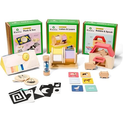 KiwiCo Early Baby Learning Bundle: Visual Tracking Mirror & Auditory Discovery Set, Speech Development Animal Stacker– 3-Piece Baby Gift for Ages 0+