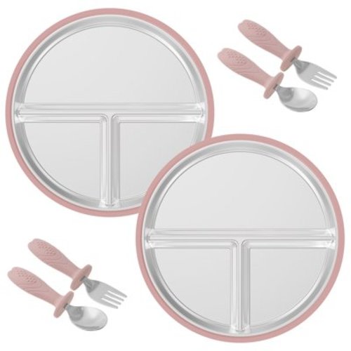 Ikoopy 2 Pcs Stainless Steel Baby Suction Plate with Spoons and Forks Set Divided Toddler Plate with Removable Silicone Sleeve for Baby Led Weaning Supplies Dishwasher Safe