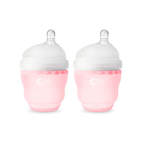 Olababy Gentle Silicone Baby Bottle, Anti-Colic, BPA Free, Easy to Clean and Wide Neck Baby Bottles Best for Breast Feeding Babies 2 Piece Set (4 oz, Rose)