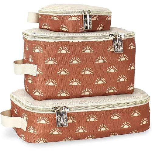 Itzy Ritzy Packing Cubes for Travel – Set of 3 Packing Cubes or Travel Organizers; Each Travel Cube Features a Mesh Top, Double Zippers and a Fabric Handle (Terracotta Sunrise)