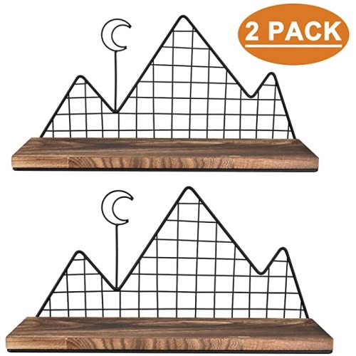 Homode Floating Shelves, Set of 2 Mountain Wall Shelves, Rustic Wood Display Storage Shelf with Metal Wire, Geometric Decor for Bathroom, Nursery, Bedroom, Office