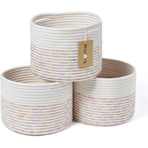 Small Storage Basket for Organizing | Cube Shelf Closet Storage Baskets | 9.7×9.7×7.1” Cute Baby Basket for Nursery | Woven Rope Basket Bins | Gift Basket Easter | Round 3 Packs Rainbow