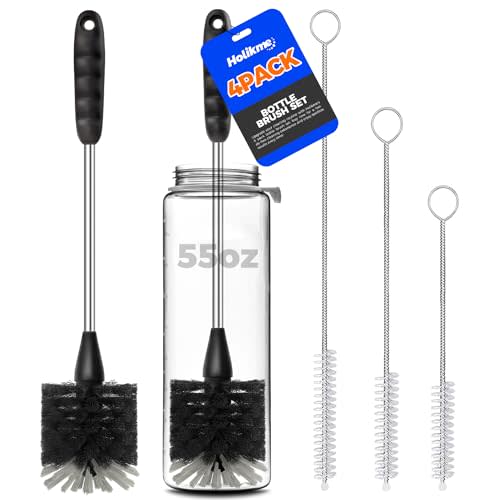 Holikme Bottle Brush Cleaner Set, 14" Long Handle Stainless Steel Bottle Cleaner Brush, 3 Straw Cleaner Brush, Bottle Cleaning Brush for Water Bottle, Cups, Abrasive Flat End Brushes, Straws Black