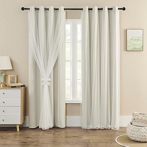 90%-95% Blackout Curtains with Crushed Sheer – 2 Pieces Drape Panels Set – Antique Silver Grommet Top - Beige – 52" W x 84" L (2 Panels)