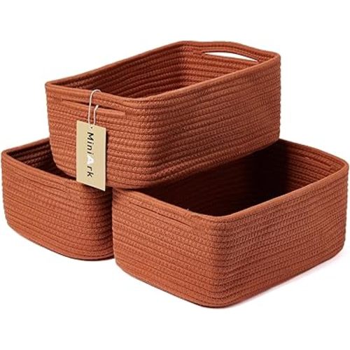 Small Storage Baskets for Organizing | Closet Organizer Bins | Shelf Toy Basket | Woven Rope Baskets | Cube Decorative Box | Shallow Basket | 13x8.5x5.1” | 3 Packs Oxide Red