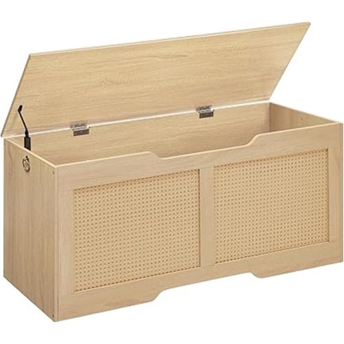 HOOBRO Storage Bench, 43.3" Toy Box, Rattan-Like Storage Chest, Sturdy Entryway Bench Supports 220 lb, Toy Chest, Safety Hinge, U-Shaped Opening, Easy Assembly, Natural NL22CW01