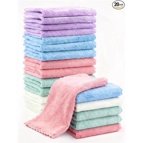 20 Pack 10x10 Inches Microfiber Coral Fleece Baby Washcloths,Extra Absorbent,Soft Wash Clothes,Bath Face Towel for Newborn,Infant and Toddlers (Muticolor)