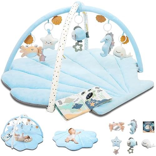 Baby Play Gym Mat, Oversize Tummy Time Activity Mat for Babies 0-6 Months, Shells Shaped Baby Play Mat with 6 Detachable Toys, Baby Mat for Floor Sensory Exploration Motor Skill Development (Blue)