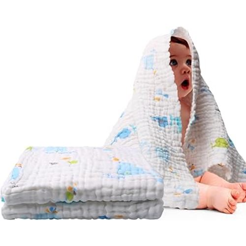 41-Inch Cartoon Baby Cotton Muslin Bath Towel, Soft & Breathable & Washable Children's Gauze Towel, Also for Newborn Swaddling Blankets and Nursery Quilts (Whales, 41 * 41 Inch)