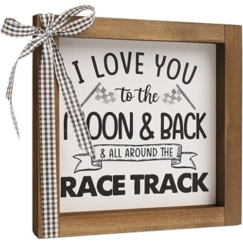 6×6 Inch Car Themed Room Wall Decor, I Love You To The Moon And Back And All Around The Race Track Sign, Wood Boys Bedroom Decor for Home Table Shelf