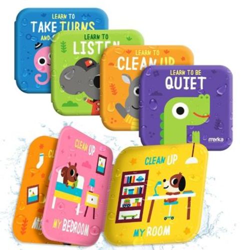 merka Baby Bathtub Bath Toys, 4 Plastic Books, Take Turns Clean Up Listen Be Quiet Perfect Baby Gifts for Sharing and Learning