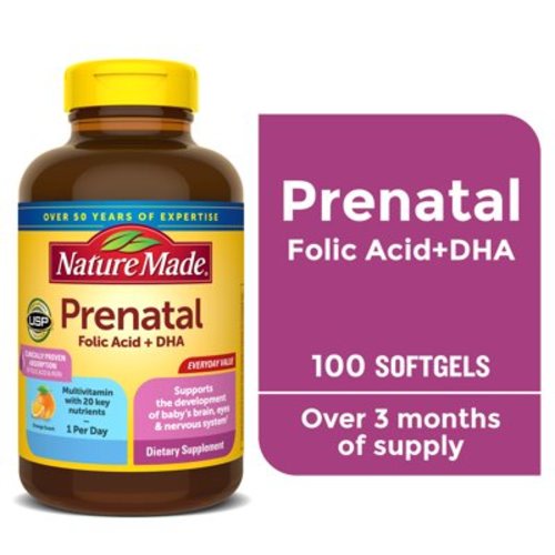 Nature Made Prenatal with Folic Acid + DHA Softgels, Prenatal Vitamin and Mineral Supplement, 100 Count