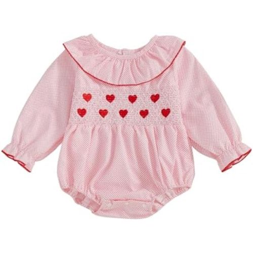 My First Valentines Day Baby Girl Outfit Newborn Heart Smocked Bubble Romper Bodysuit Cute Valentines Day Clothes