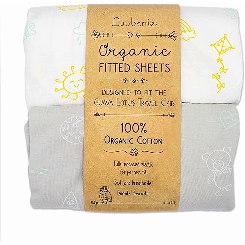 Guava Lotus Travel Crib Sheets (Set of 2) - 100% Organic Cotton Crib Sheets, Baby and Toddler, Fitted Crib Sheets, for Boys & Girls (for The New 4 TAB Mattress ONLY) (Day and Night)