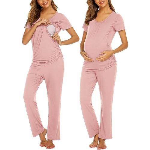 Ekouaer Women's Maternity Nursing Pajamas Set Breastfeeding Sleepwear Double Layer Short Sleeve Top & Pants Pregnancy PJS